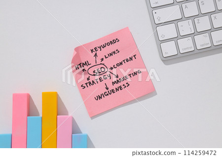 Note with words, diagram and keyboard on light background, top view 114259472