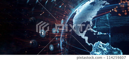 Digital globe with America prominently visible, cryptocurrency symbols like Bitcoin floating around globe indicating global financial transactions or blockchain technology, banner with copy space 114259807