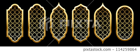 Collection of islam windows with pattern vector illustration isolated on black background. Oriental ornament, traditional Arabian design elements of decor, muslim gold frame Collection of islam windows with pattern vector illustration isolated on black background. Oriental ornament, traditional Arabian design elements of decor, muslim gold frame 114259864