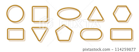 Gold tube 3d frames set for picture with shadow on white background. Realistic template vector illustration. Simple golden square, circle, triangle, rectangle, oval, pentagon Gold tube 3d frames set for picture with shadow on white background. Realistic template vector illustration. Simple golden square, circle, triangle, rectangle, oval, pentagon 114259877