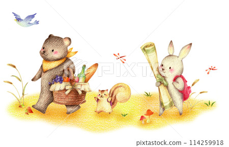 一隻熊、松鼠、兔子和藍鳥在秋天的田野裡野餐 — 手繪色鉛筆畫 114259918