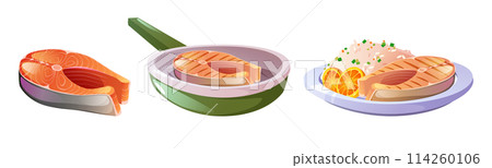 Roast grill fish steak cartoon bbq food icon set Roast grill fish steak cartoon bbq food icon set 114260106