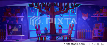 Night kindergarten classroom. Preschool kid room 114260162