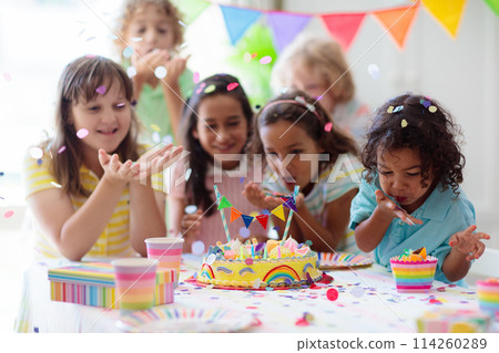 Kids birthday party. Children with cake and gifts 114260289