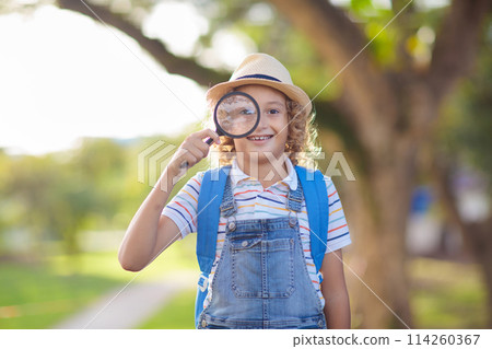 Kids explore nature. Children hike in sunny park. 114260367