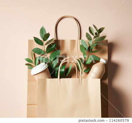 Ecological concept, photo of paper shopping bags, green twigs, minimalism 114260579