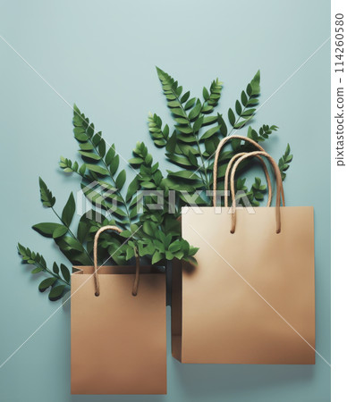 Ecological concept, photo of paper shopping bags, green twigs, minimalism 114260580