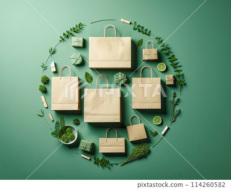Ecological concept, photo of paper shopping bags, green twigs, minimalism 114260582