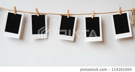 close up of a 5 blank note papers, photo frame on a rope with clothespins white background 114261004