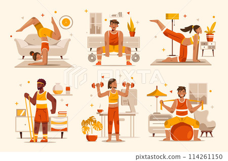 Home workout hand drawn cartoon composition set 114261150
