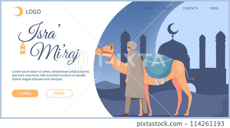 Hand drawn flat Isra Miraj landing page template with muslim man and camel Hand drawn flat Isra Miraj landing page template with muslim man and camel 114261193