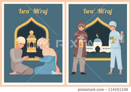 Hand drawn flat Isra Miraj poster template set with muslim people Hand drawn flat Isra Miraj poster template set with muslim people 114261198