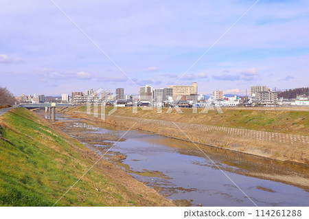 Hyogo Prefecture: View of downtown Sanda from the Mukogawa riverbed in Sanda City Hyogo Prefecture: View of downtown Sanda from the Mukogawa riverbed in Sanda City 114261288