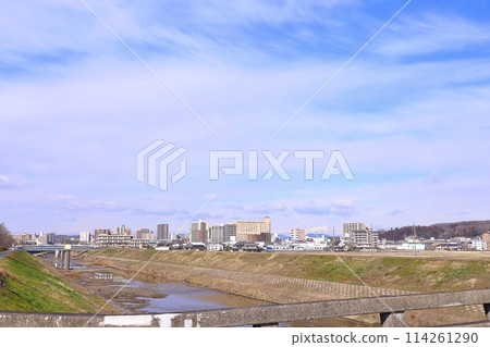 Hyogo Prefecture: View of downtown Sanda from the Mukogawa riverbed in Sanda City Hyogo Prefecture: View of downtown Sanda from the Mukogawa riverbed in Sanda City 114261290