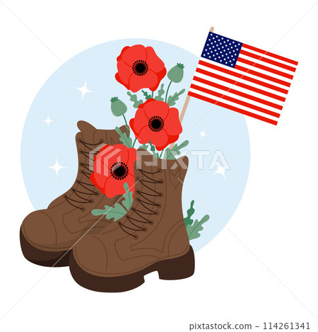 Military veteran boots with bouquet red poppy flowers and American flag. Memorial Day. Vector illustration for design national traditional holidays Military veteran boots with bouquet red poppy flowers and American flag. Memorial Day. Vector illustration for design national traditional holidays 114261341