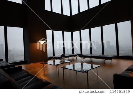 Long rainy days in spring overlooking Osaka Castle, April, overlooking Osaka Castle Park from the lounge of a tower apartment building 114261839