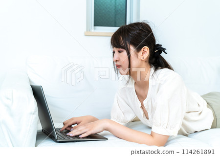 A woman working at home at home A woman working at home at home 114261891