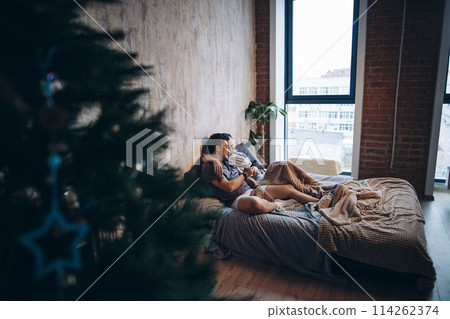 Two attractive gay men spending time together in bedroom with christmas tree. Two attractive gay men spending time together in bedroom with christmas tree. 114262374