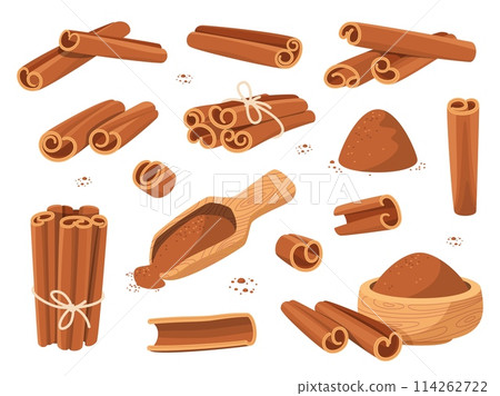 Cartoon cinnamon sticks with powder. Sweet cooking and bakery spices, organic aroma elements, fragrant bark rolled into tubes, coffee condiment, ingredient culinary, vector isolated set 114262722