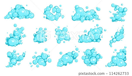 Cartoon flat blue soap foam bubbles. Bath shampoo suds, shower gel, foam party elements, different bubbles compositions. Soapy clean froth isolated elements, hygiene product, nowaday vector set Cartoon flat blue soap foam bubbles. Bath shampoo suds, shower gel, foam party elements, different bubbles compositions. Soapy clean froth isolated elements, hygiene product, nowaday vector set 114262733