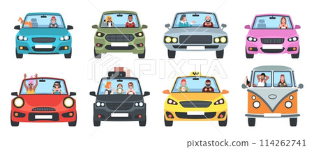 Cartoon people inside cars. Front view happy drivers and passengers of private transport, taxi, families, couples and travelers. Automobile front view. Tidy vector set isolated Cartoon people inside cars. Front view happy drivers and passengers of private transport, taxi, families, couples and travelers. Automobile front view. Tidy vector set isolated 114262741