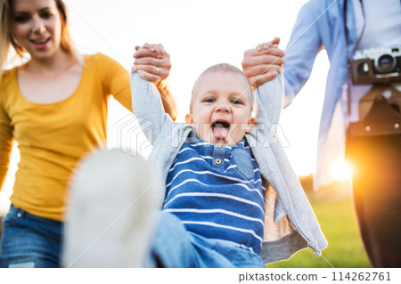 New parents holding small toddler, by hands, swinging him. Family outdoors on walk in spring nature. Happy family moment 114262761