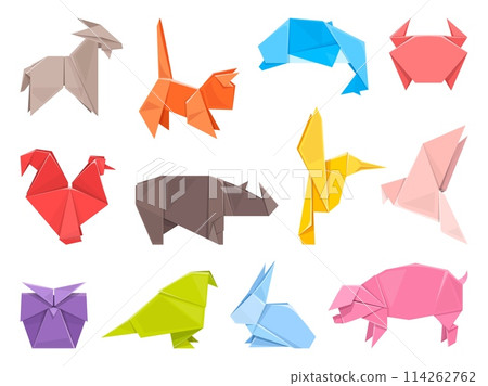 Paper origami animals and birds. Folded colored sheets, fauna decorative shapes, low polygonal toys simple design, japanese hobby and art, pig, cat and crab, cartoon flat isolated vector set 114262762