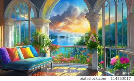 View of the ocean from the window and colorful interior_1 114263017