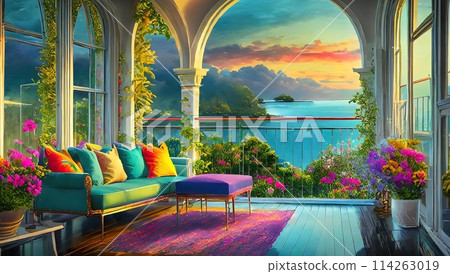 View of the ocean from the window and colorful interior_2 114263019
