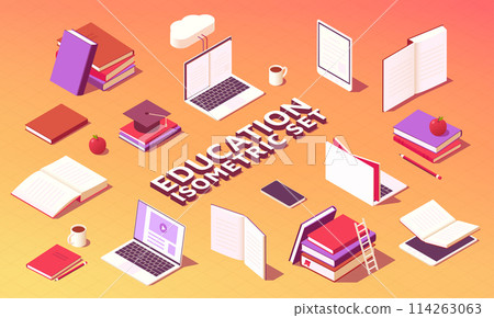 Isometric modern education symbols. University and college online courses, laptop and notebook with books, distance learning concept. Vector set Isometric modern education symbols. University and college online courses, laptop and notebook with books, distance learning concept. Vector set 114263063