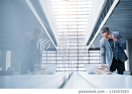 Handsome businessman phone calling, searching for informations in book. Traditional information source in modern office space. 114263083