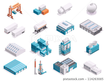 Isometric industrial structures. Warehouse factory hangar silo, industrial estate with buildings and equipment. Vector 3D map of industrial buildings 114263085
