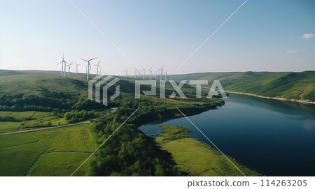 Wind turbines on landscape with green hills and river. Renewable energy concept. Generative AI 114263205