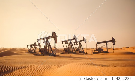 Working oil pumps in desert place. Natural resources industry. Oil rig in dunes. Generative AI 114263225