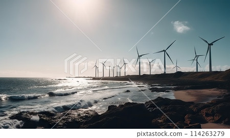 Windmill farm on the ocean shore, windmills on a sunny day. Generative AI 114263279