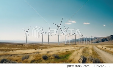 Windmill farm in the steppe against the blue sky. Renewable energy. Generative AI 114263299