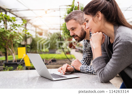 Female business owner and gardener looking at order in laptop, preparing flowers and seedlings for customer. Small greenhouse business. Female business owner and gardener looking at order in laptop, preparing flowers and seedlings for customer. Small greenhouse business. 114263314