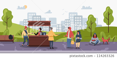 Charity for homeless. Cartoon humanitarian help and support for poor people, social charity and volunteer community concept 114263326