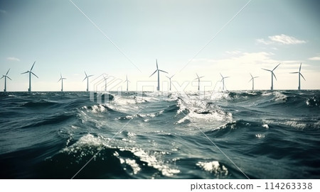 Offshore Windmill farm in the ocean, windmills isolated at sea on a sunny day. Generative AI 114263338