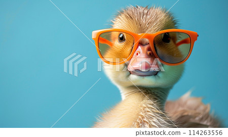 Funny duck in sunglasses in trendy style on colorful background. Portrait pet summer. Pet care, generated AI Funny duck in sunglasses in trendy style on colorful background. Portrait pet summer. Pet care, generated AI 114263556