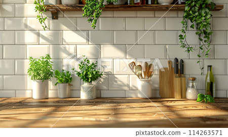 Kitchen brass utensils, chef accessories. Hanging kitchen with white tiles wall and wood tabletop.Green plant on kitchen background generated ai Kitchen brass utensils, chef accessories. Hanging kitchen with white tiles wall and wood tabletop.Green plant on kitchen background generated ai 114263571