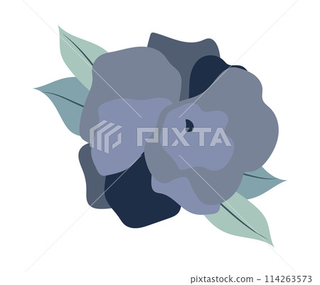Abstract rose with blue petals in flat design. Blossom plant with leaves. Vector illustration isolated. 114263573