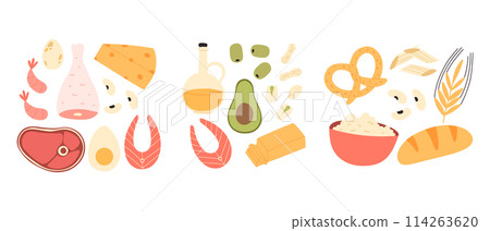 Set of healthy macronutrients. proteins, fats and carbs or carbohydrates presented by food products. 114263620