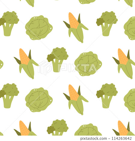 Seamless pattern with vegetables. Pattern with corn and cabbage. 114263642
