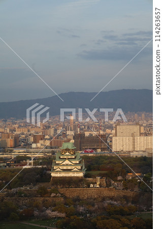 從空中鳥瞰大阪城，櫻花季，生駒山脈，櫻花盛開映襯著春天的藍天 114263657