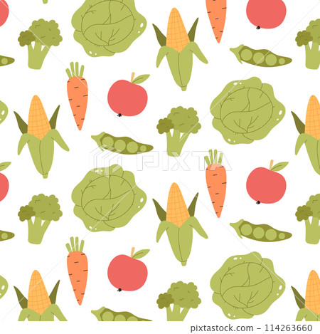 Seamless pattern with vegetables. Pattern with corn and cabbage. Seamless pattern with vegetables. Pattern with corn and cabbage. 114263660
