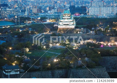 Bird's-eye view of Osaka Castle from the sky Cherry blossom season Ikoma mountain range Osaka Castle lit up at dusk and night 114263699