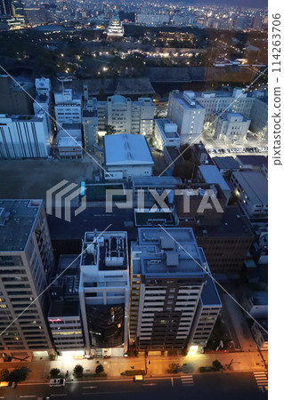 從天空鳥瞰大阪城，櫻花季節，生駒山脈，黃昏和夜景照亮的大阪城 114263706