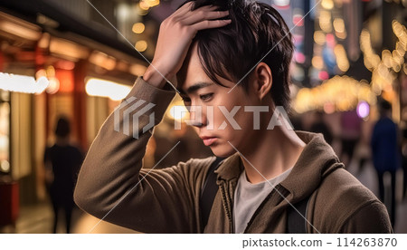 A man holding his head in worry (AI-generated image) 114263870
