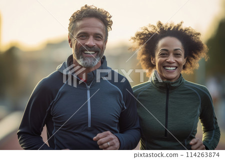 Handsome middle age POC mixed race couple jogging Handsome middle age POC mixed race couple jogging 114263874